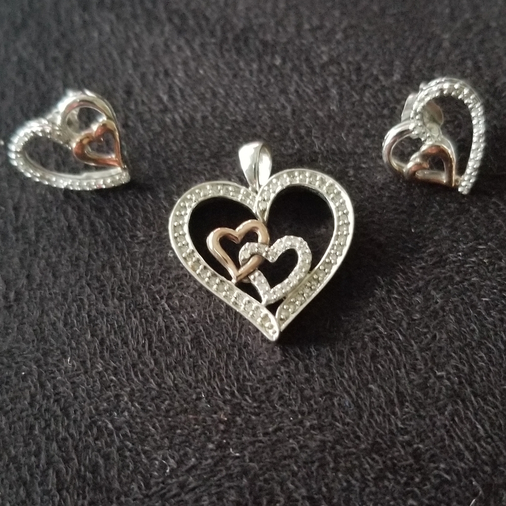10kt Solid Gold and 925 Silver Diamond Heart Set